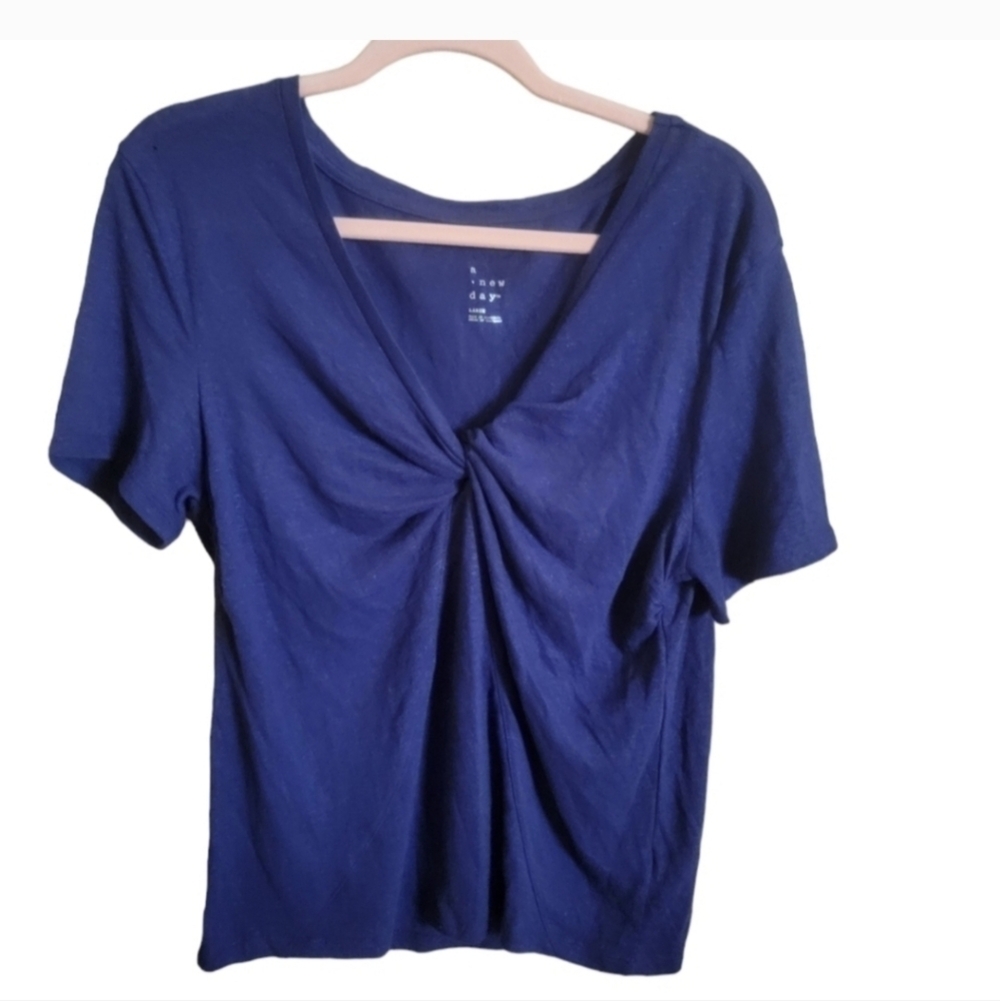 Women's Dark Blue Short Sleeve Linen Blend Blouse - S - A New Day